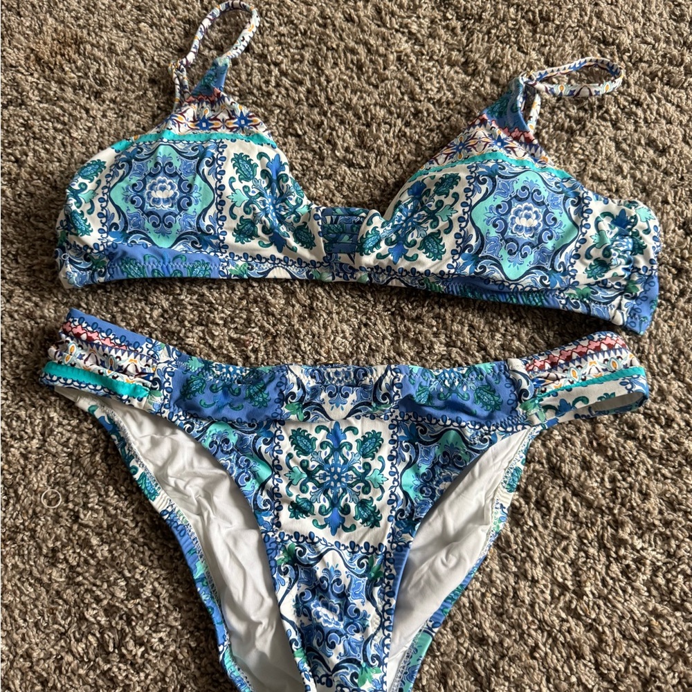 Blue and White Patterned Bikini Set